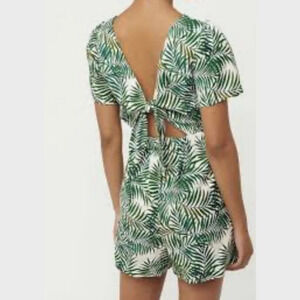 Loft‎ Medium Green White Palm Linen-blend Tie-back Romper Pockets Tropical